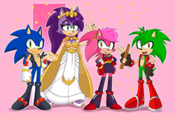 Size: 1280x830 | Tagged: safe, artist:emiibean, queen aleena, sonia the hedgehog, sonic the hedgehog, hedgehog, sonic underground, 2024, brother and sister, brothers, drumstick, family, female, holding something, male, manic the hedgehog, mother and child, mother and daughter, mother and son, outline, quartet, siblings, signature, smile, star (symbol)