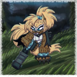 Size: 1000x1000 | Tagged: safe, artist:shady517104, whisper the wolf, 2021, abstract background, arm fluff, border, claws, ear fluff, fangs, grass, hand on ground, looking offscreen, messy fur, messy hair, mouth open, nighttime, open smile, outdoors, smile, solo, torn gloves, were form, werewolf