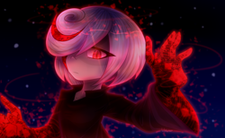 Size: 6500x4000 | Tagged: safe, artist:violetstardoesart, sage, sonic frontiers, 2022, abstract background, digital static, frown, glitch, glowing eyes, looking at viewer, nighttime, outdoors, solo, star (sky)