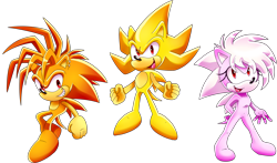 Size: 2361x1387 | Tagged: safe, artist:hker021, sonia the hedgehog, sonic the hedgehog, super sonic, hedgehog, 2018, barefoot, brother and sister, brothers, clenched fists, flying, gloves off, looking at viewer, looking up, manic the hedgehog, mid-air, missing accessory, naked, shoes off, siblings, simple background, smile, smiling at viewer, socks off, super form, super manic, super sonia, transparent background, trio