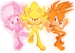 Size: 2941x2076 | Tagged: safe, artist:hker021, sonia the hedgehog, sonic the hedgehog, super sonic, 2019, barefoot, brother and sister, brothers, clenched fists, flying, frown, gloves off, looking at viewer, looking offscreen, manic the hedgehog, mid-air, missing accessory, naked, shoes off, siblings, simple background, smile, smiling at viewer, socks off, super form, super manic, super sonia, transparent background, trio