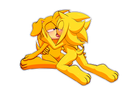 Size: 6000x4420 | Tagged: suggestive, artist:soleonthehedgehog, oc, oc:jamie the dog, oc:soleon the hedgehog, dog, hedgehog, 2021, bisexual, blushing, butt, duo, featureless crotch, floppy ears, gay, holding each other, kiss, kneeling, lidded eyes, looking at each other, naked, oc x oc, outline, shipping, simple background, tongue out, transparent background