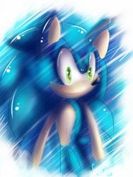 Size: 768x1024 | Tagged: safe, artist:electricloba, sonic the hedgehog, 2014, abstract background, smile, smiling at viewer, solo, standing