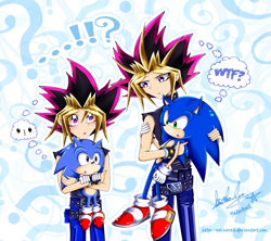 Size: 2925x2602 | Tagged: safe, artist:yamizuh, sonic the hedgehog, human, 2013, abstract background, carrying them, classic sonic, crossover, looking at each other, pharaoh atem, quartet, question mark, self paradox, signature, standing, text, thought bubble, wtf?, yu-gi-oh!, yugi mutou