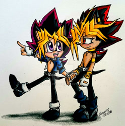 Size: 1024x1033 | Tagged: safe, artist:sonar15, hedgehog, 2018, barely sonic related, clothes, crossover, duo, looking at each other, mobianified, mouth open, open smile, pharaoh atem, pointing, smile, smiling at each other, standing, standing on one leg, traditional media, yu-gi-oh!, yugi mutou