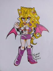 Size: 1536x2048 | Tagged: safe, artist:primrose_draw, bat, 2022, barely sonic related, crossover, hand on hip, lidded eyes, mai valentine, mobianified, signature, smile, smiling at viewer, solo, standing, standing on one leg, traditional media, yu-gi-oh!
