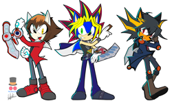 Size: 4990x2942 | Tagged: safe, artist:mistergalahad, artist:naridami-belu, shadow the hedgehog, silver the hedgehog, sonic the hedgehog, hedgehog, 2022, alternate universe, card, cosplay, crossover, crossover cosplay, duel disk, frown, jaden yuki, looking at viewer, signature, simple background, smile, smiling at viewer, standing, trio, white background, yu-gi-oh!, yu-gi-oh! 5d's, yu-gi-oh! gx, yugi mutou, yusei fudo