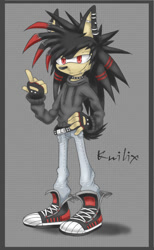 Size: 500x810 | Tagged: safe, artist:deerzii, oc, oc:knilix the hedgehog, hedgehog, 2011, belt, bisexual, border, chin peircing, clothes, ear piercing, earring, face piercing, fingerless gloves, gloves, grey background, hand on hip, hoodie, lidded eyes, looking offscreen, middle finger, oc only, pants, shoelaces, shoes, signature, simple background, smile, solo, standing, trainers