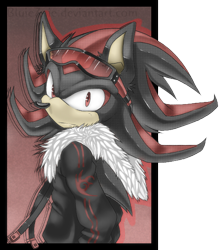 Size: 528x600 | Tagged: safe, artist:deerzii, shadow the hedgehog, hedgehog, 2011, abstract background, clothes, ear fluff, eyewear on head, frown, jacket, looking at viewer, shadow's logo, solo, standing, sunglasses