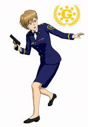 Size: 1600x2294 | Tagged: safe, artist:13legion13legion, agent topaz, human, 2019, frown, g.u.n logo, gun, holding something, looking back, looking offscreen, mouth open, simple background, solo, standing, standing on one leg, white background