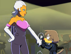 Size: 640x480 | Tagged: safe, artist:joeadok, agent topaz, rouge the bat, bird, human, wolf, 2019, duo focus, group, gun, hand on hip, handcuffs, holding something, humanized, looking at each other, mobianified, mouth open, redraw, smile, sonic x, species swap, standing