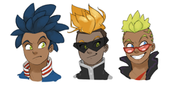 Size: 1401x708 | Tagged: safe, artist:simonsoys, scourge the hedgehog, shard the metal, sonic the hedgehog, human, 2020, clothes, dark skin, frown, humanized, jacket, looking offscreen, scar, simple background, smile, sunglasses, trio, white background