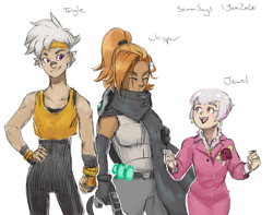 Size: 1190x938 | Tagged: safe, artist:simonsoys, jewel the beetle, tangle the lemur, whisper the wolf, human, 2020, bandaid, bandaid over nose, character name, clothes, diamond cutters, eyes closed, frown, hand on hip, holding something, humanized, signature, smile, standing, tan skin, text, trio