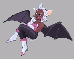 Size: 2911x2303 | Tagged: safe, artist:kianamai, rouge the bat, human, 2020, arms folded, dark skin, grey background, heart, humanized, legs crossed, lidded eyes, looking offscreen, looking up, mouth open, open smile, partially humanized, pointing, simple background, smile, solo