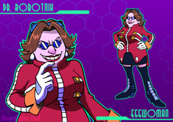 Size: 3507x2481 | Tagged: safe, artist:snowflake-owl, robotnik, oc, oc:eggwoman, human, 2020, character name, gender swap, hands on hips, looking at viewer, looking offscreen, outline, signature, smile, smiling at viewer, solo, standing, text