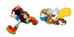 Size: 2000x1000 | Tagged: safe, artist:thedarkshadow1990, mighty the armadillo, ray the flying squirrel, 2018, arms out, bandage, bandana, boots, clothes, duo, eyewear on head, fingerless gloves, gliding, gloves, goggles, goggles on head, jacket, looking ahead, looking at viewer, mid-air, outline, running, shoes, side view, simple background, smile, transparent background