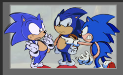 Size: 812x499 | Tagged: safe, artist:holidaymidi, sonic the hedgehog, adventures of sonic the hedgehog, sonic underground, 2025, abstract background, backpack, clenched teeth, frown, hands on hips, looking at each other, pointing, self paradox, sonic satam, standing, sweatdrop, trio