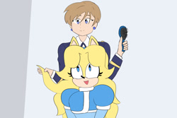 Size: 1500x1000 | Tagged: safe, artist:butterflykvss, agent topaz, maria robotnik, oc, oc:maria the hedgehog, hedgehog, human, 2025, brush, cute, duo, flat colors, hair, hairbrush, holding something, mouth open, open smile, smile