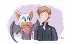 Size: 2048x1247 | Tagged: safe, artist:melangeknottings, agent topaz, rouge the bat, human, 31 days sonic, 2022, abstract background, duo, signature, smile, sonic x, standing