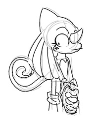 Size: 702x888 | Tagged: safe, artist:iratusmus, 2023, :|, ask response, blushing, chameleon, faic, flat colors, hands together, line art, liza the chameleon, looking down, monochrome, simple background, sketch, solo, standing, white background