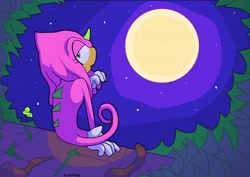 Size: 2048x1448 | Tagged: safe, artist:julie-su, 2023, abstract background, brick wall, chameleon, dandelion, flower, liza the chameleon, looking back, moon, mouth open, nighttime, outdoors, sitting, solo, star (sky)