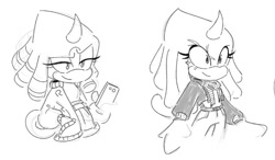 Size: 677x395 | Tagged: safe, artist:jenzel, salma the chameleon, 2023, belt, chameleon, clothes, duo, flat colors, hand in pocket, jacket, lidded eyes, line art, liza the chameleon, looking offscreen, monochrome, pants, phone, redesign, shorts, simple background, smile, white background