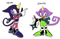 Size: 1280x837 | Tagged: safe, artist:drawloverlala, juanita the chameleon, salma the chameleon, 2016, chameleon, character name, clothes, dark skin, duo, flat colors, heart tail, holding something, looking at viewer, ninja star, pointing, redesign, simple background, smile, smiling at viewer, standing, text, white background, wink