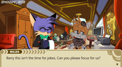 Size: 2048x1120 | Tagged: safe, artist:hoodybob, miles "tails" prower, oc, oc:miles the cat, cat, the murder of sonic the hedgehog, 2024, abstract background, dialogue, duo, english text, eyes closed, fake screenshot, pout, text