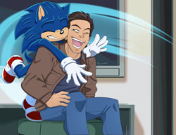 Size: 1597x1233 | Tagged: safe, artist:noc-loft, editor:noc-loft, sonic the hedgehog, tom wachowski, human, sonic the hedgehog (2020), 2025, abstract background, duo, edit, eyes closed, hugging, hugging from behind, looking at them, mouth open, one eye closed, open smile, sitting, smile, smiling at them, sonic x