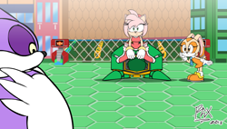 Size: 1104x628 | Tagged: safe, artist:rgxsupersonic, amy rose, big the cat, cream the rabbit, sonic heroes, 2014, abstract background, badnik, daytime, eggman empire logo, grand metropolis, group, metropolis mayhem, outdoors, ring, robot, signature, sitting, sitting on them, sonic paradox, standing, team rose