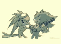 Size: 736x534 | Tagged: artist needed, source needed, safe, jet the hawk, shadow the hedgehog, clenched teeth, duo, frown, green background, gun, holding something, looking at each other, monochrome, mouth open, simple background, sketch, standing