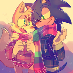 Size: 1280x1280 | Tagged: safe, artist:leoyoraan, miles "tails" prower, sonic the hedgehog, arm around shoulders, clothes, duo, gay, scarf, sharing a scarf, shipping, smile, smiling at each other, sonic x tails, standing, sweater, wink