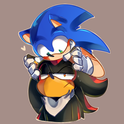 Size: 500x500 | Tagged: dead source, safe, artist:leoyoraan, shadow the hedgehog, sonic the hedgehog, 2018, blushing, brown background, duo, frown, gay, heart, lidded eyes, looking at each other, on head, outline, shadow x sonic, shipping, simple background, sweatdrop