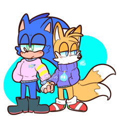 Size: 1280x1363 | Tagged: safe, artist:transdemyx, miles "tails" prower, sonic the hedgehog, 2017, blushing, boots, clothes, cute, duo, frown, gloves off, hand in pocket, holding hands, lidded eyes, looking away, looking offscreen, signature, simple background, sonabetes, standing, sweater, tailabetes, transparent background
