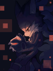 Size: 1280x1704 | Tagged: safe, artist:iikuto, infinite the jackal, sonic forces, 2017, black background, cube, digital static, holding something, lidded eyes, looking at something, no mouth, pixel, simple background, solo