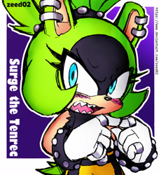 Size: 1280x1409 | Tagged: safe, artist:zeed_02, surge the tenrec, 2025, abstract background, blushing, border, character name, fingers together, looking at viewer, mouth open, outline, sharp teeth, signature, solo, text