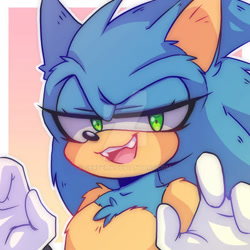 Size: 400x400 | Tagged: safe, artist:oertemy, sonic the hedgehog, 2022, alternate universe, au:resonance, border, chest fluff, deviantart watermark, ear fluff, eyelashes, fangs, gradient background, lidded eyes, mouth open, nonbinary, obtrusive watermark, open smile, outline, shoulder fluff, smile, smiling at viewer, solo, solo nonbinary, watermark