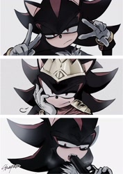 Size: 1453x2048 | Tagged: safe, artist:zzz__aaaaaa000, shadow the hedgehog, 2025, double v sign, fangs, frown, gun, holding something, king shadow, lidded eyes, looking at viewer, mouth open, signature, solo, v sign