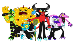 Size: 2195x1299 | Tagged: safe, artist:americanelephant, master zik, zavok, zazz, zeena, zomom, zor, bird, lizard, zeti, 2024, buffalo, cane, cassowary, deadly six, fish, flat colors, forked tongue, freckles, frown, group, holding something, looking at viewer, missing tooth, monitor lizard, platypus, pufferfish, redesign, sharp teeth, simple background, sonic lost world, species swap, standing, tarsier, tongue out, transparent background, water buffalo, yellow sclera, youtube link in description