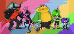 Size: 5000x2300 | Tagged: safe, artist:morbidmist, master zik, zavok, zazz, zeena, zomom, zor, zeti, 2019, abstract background, book, coat, deadly six, facepalm, frown, group, holding something, jacket, leg warmers, looking at viewer, open jacket, outline, sharp teeth, signature, smile, standing, tongue out, winter outfit