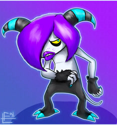 Size: 1450x1550 | Tagged: safe, artist:francoisl-artblog, zor, zeti, 2018, border, gradient background, lip bite, looking offscreen, outline, signature, solo, standing, yellow sclera