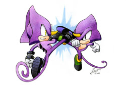 Size: 1024x697 | Tagged: safe, artist:finikart, espio the chameleon, 2016, classic espio, duo, kicking, looking at each other, mid-air, self paradox, signature, simple background, smile, smiling at each other, white background