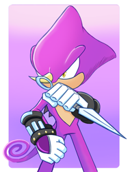 Size: 872x1145 | Tagged: safe, artist:xdarkspinesonicx, espio the chameleon, 2016, border, gradient background, holding something, kunai knife, looking offscreen, no mouth, solo, standing