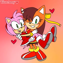 Size: 1024x1024 | Tagged: safe, artist:isaahvieiraa2010, amy rose, tiara boobowski, 2025, amy x tiara, blushing, carrying them, duo, flat colors, heart, lesbian, looking at viewer, rarepair, shipping, smile, smiling at viewer, wink