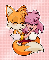 Size: 1362x1668 | Tagged: safe, artist:michhart, amy rose, miles "tails" prower, 2024, abstract background, amybetes, blushing, cute, duo, eyes closed, hugging, mouth open, open smile, outline, shipping, signature, smile, straight, tailabetes, tailamy