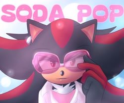 Size: 1150x956 | Tagged: safe, artist:combatmaster, shadow the hedgehog, 2025, abstract background, crossover, english text, jinu (k-pop demon hunters), k-pop demon hunters, looking at viewer, solo, sunglasses, text