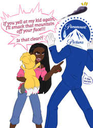 Size: 2696x3700 | Tagged: safe, artist:combatmaster, maddie wachowski, miles "tails" prower, human, 2024, dark skin, dialogue, english text, flat colors, holding them, paramount, pointing, simple background, standing, text, trio, white background, yelling