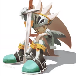 Size: 1676x1667 | Tagged: safe, artist:ectalexi, silver the hedgehog, hedgehog, sonic and the black knight, knight armor, looking at viewer, male, shadow (lighting), simple background, sir galahad, sitting, solo, sword, white background