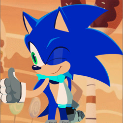 Size: 2048x2048 | Tagged: safe, editor:m3tr0n0m333, sonic the hedgehog, oc, oc:hertz the hedgehog, 2024, edit, kneepads, looking offscreen, scarf, smile, solo, standing, thumbs up, wink