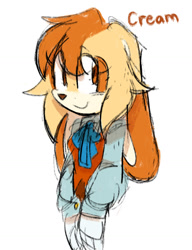 Size: 1115x1453 | Tagged: safe, artist:peachblossomlotion, cream the rabbit, rabbit, 2025, aged up, alternate universe, au:hibiscus, character name, clothes, creamabetes, cute, eye clipping through hair, eyebrow clipping through hair, female, older, simple background, sketch, smile, solo, standing, text, white background